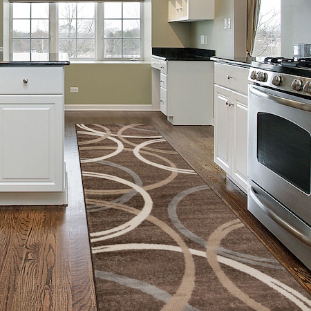 World Rug Gallery Modern Wavy Circles Design 2'x10' Brown 377BROWN2X10